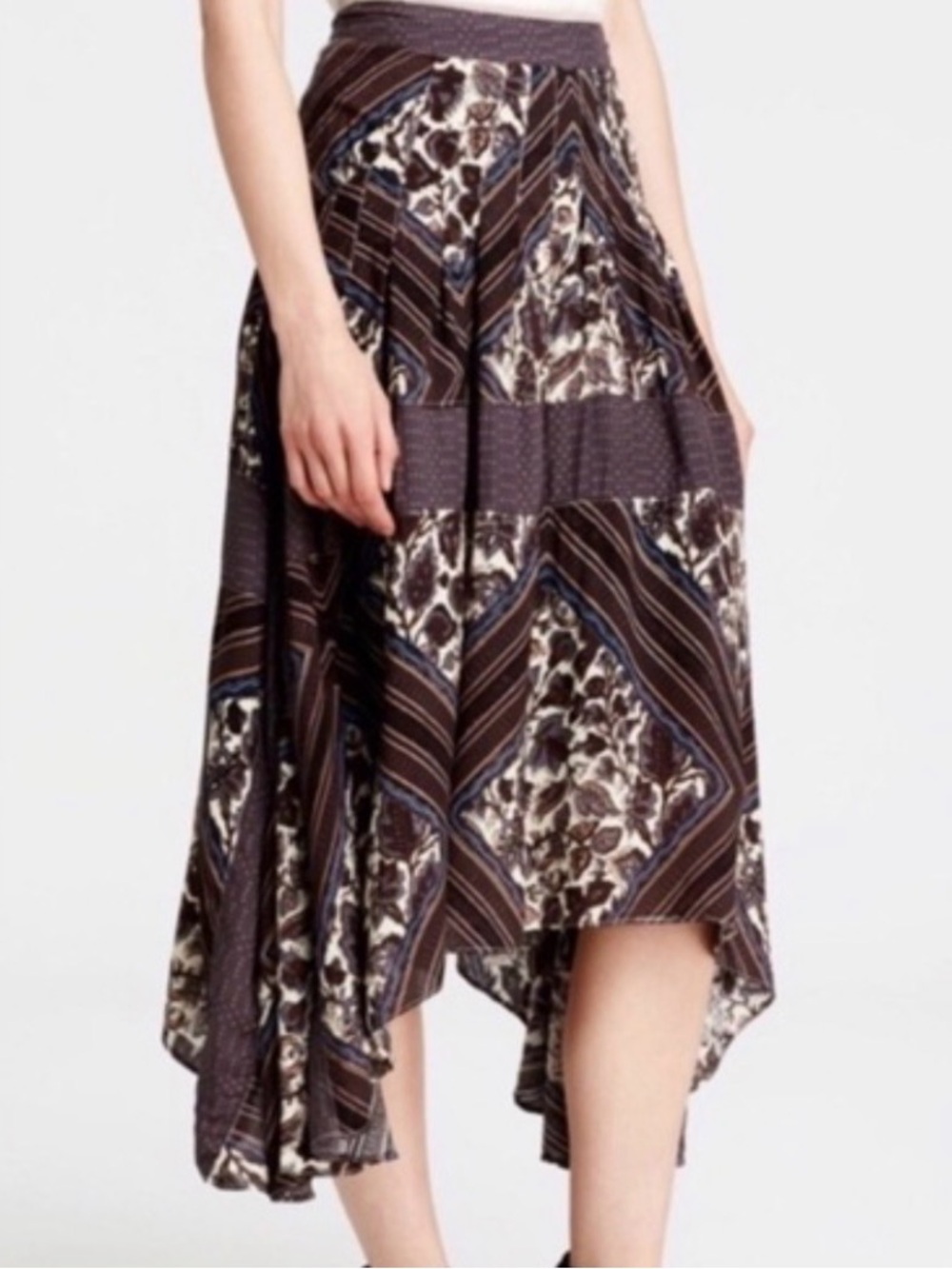 Free People Paradise Skirt Asymmetrical Brown Patterned boho Midi Pockets Size 0